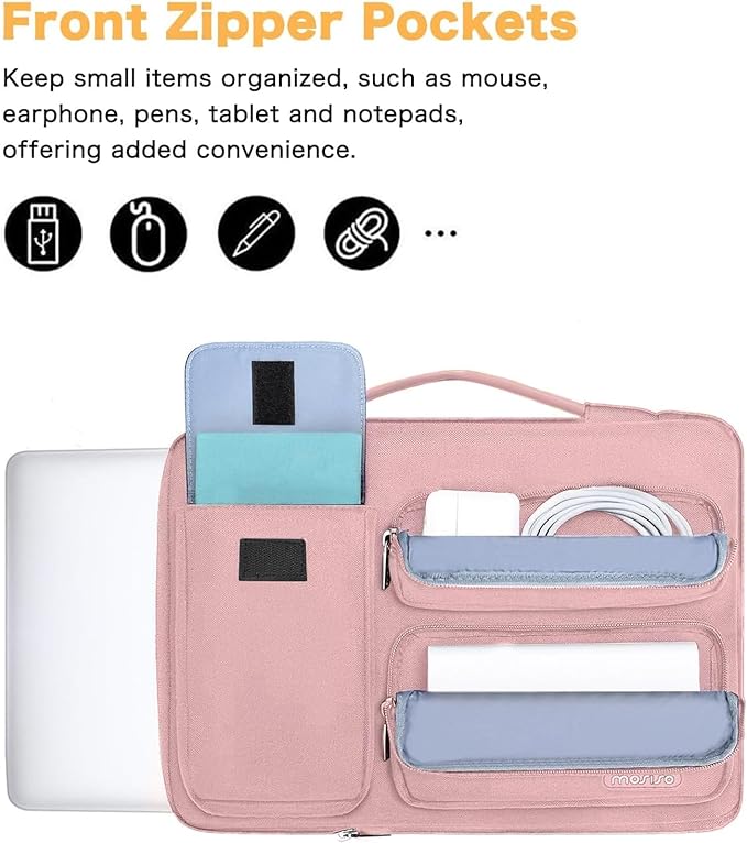 MOSISO 360 Protective Laptop Case 13.3 inch, 13-13.3 inch Laptop Sleeve Compatible with MacBook Air/Pro 13 / Pro 14, HP Dell ASUS Lenovo, Side Open Bag with 2 Raised&1 Flapover Pockets, Pink