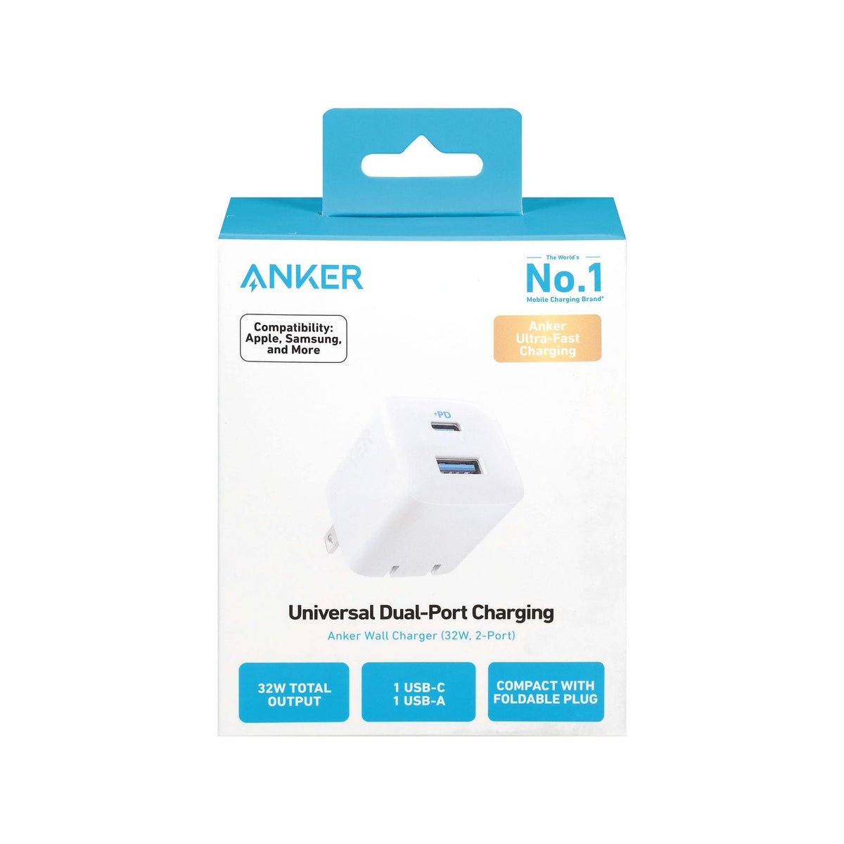 Anker Powerport 323 Dual Port 32W Wall Charger (USB-C And USB-A) - Black